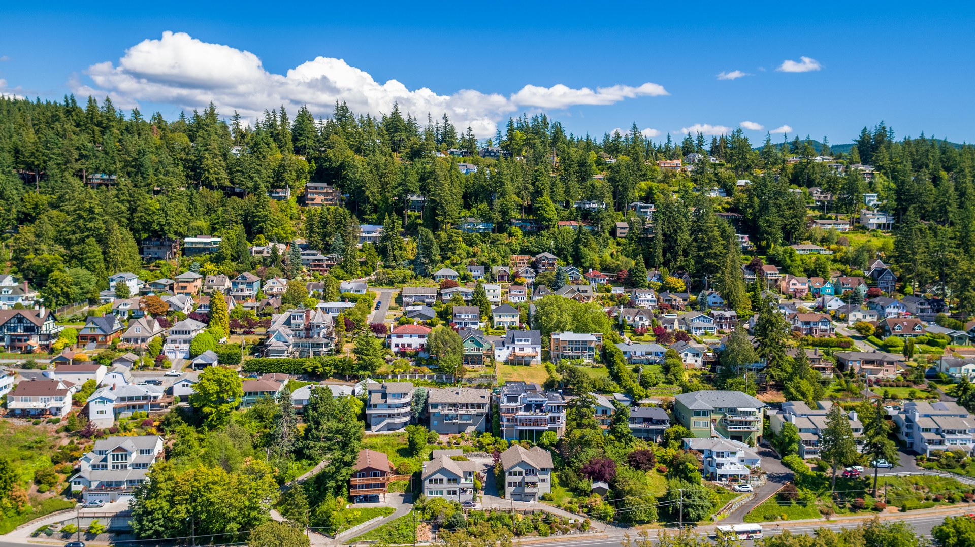 Aerial drone view of Bellingham Bay with Olympic Mountains in the distance