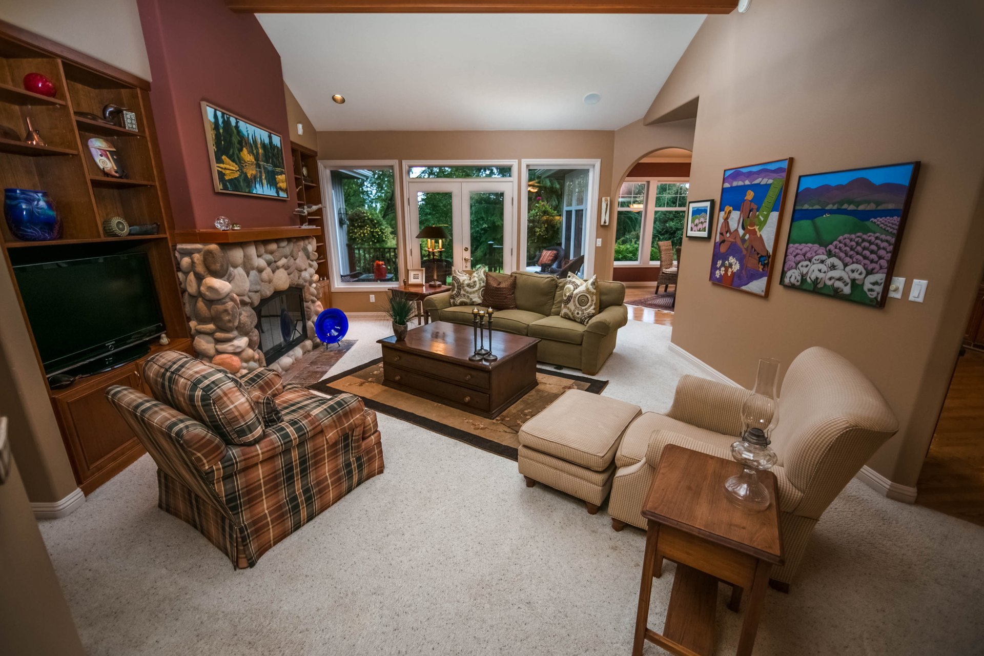 Wood-paneled great room with Bellingham Bay view