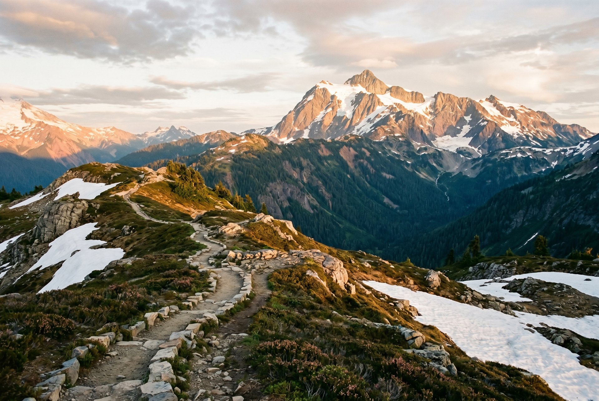 Artist Point trail at golden hour with Mount Shuksan, Whatcom County