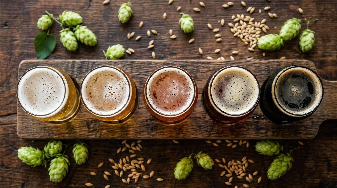 A flight paddle of Bellingham craft beers from pale pilsner to dark stout