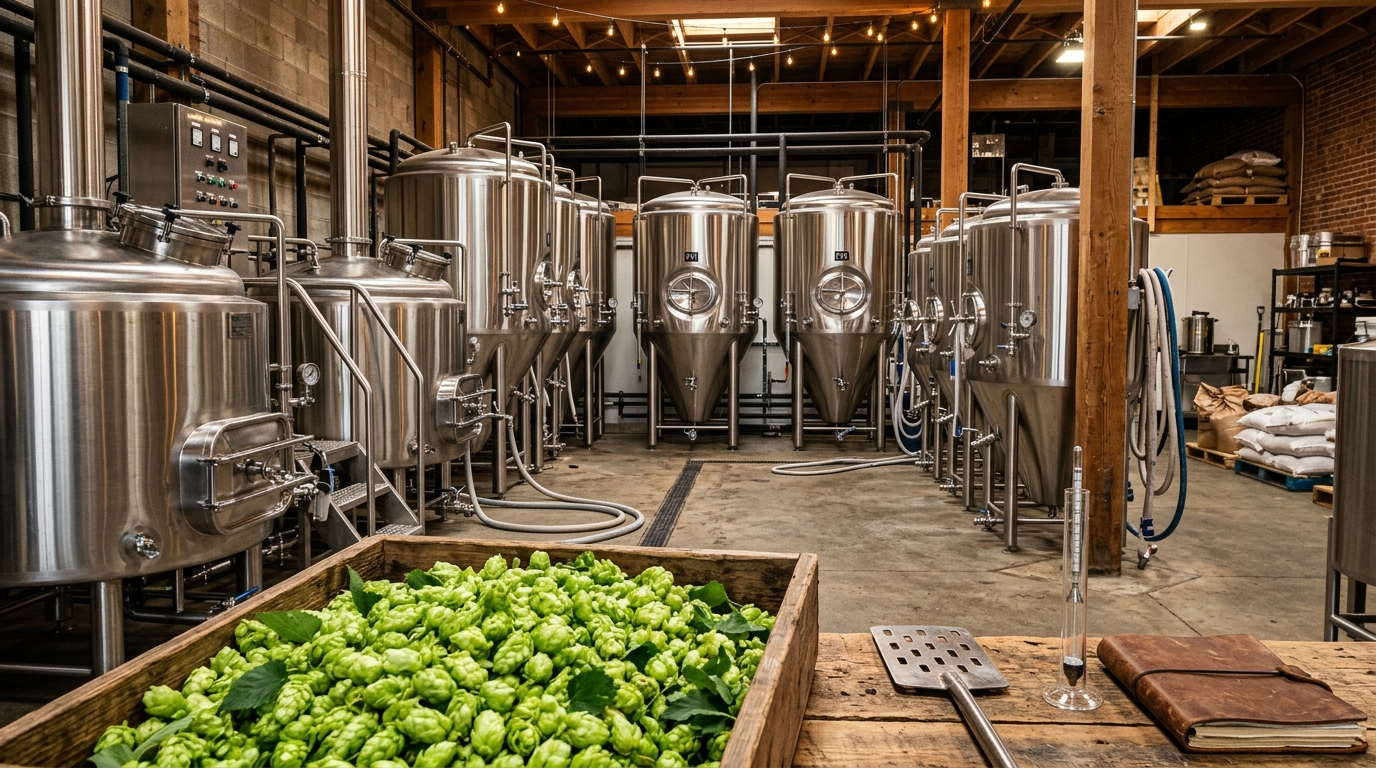 Stainless-steel fermentation tanks and fresh hops in a Bellingham craft brewery