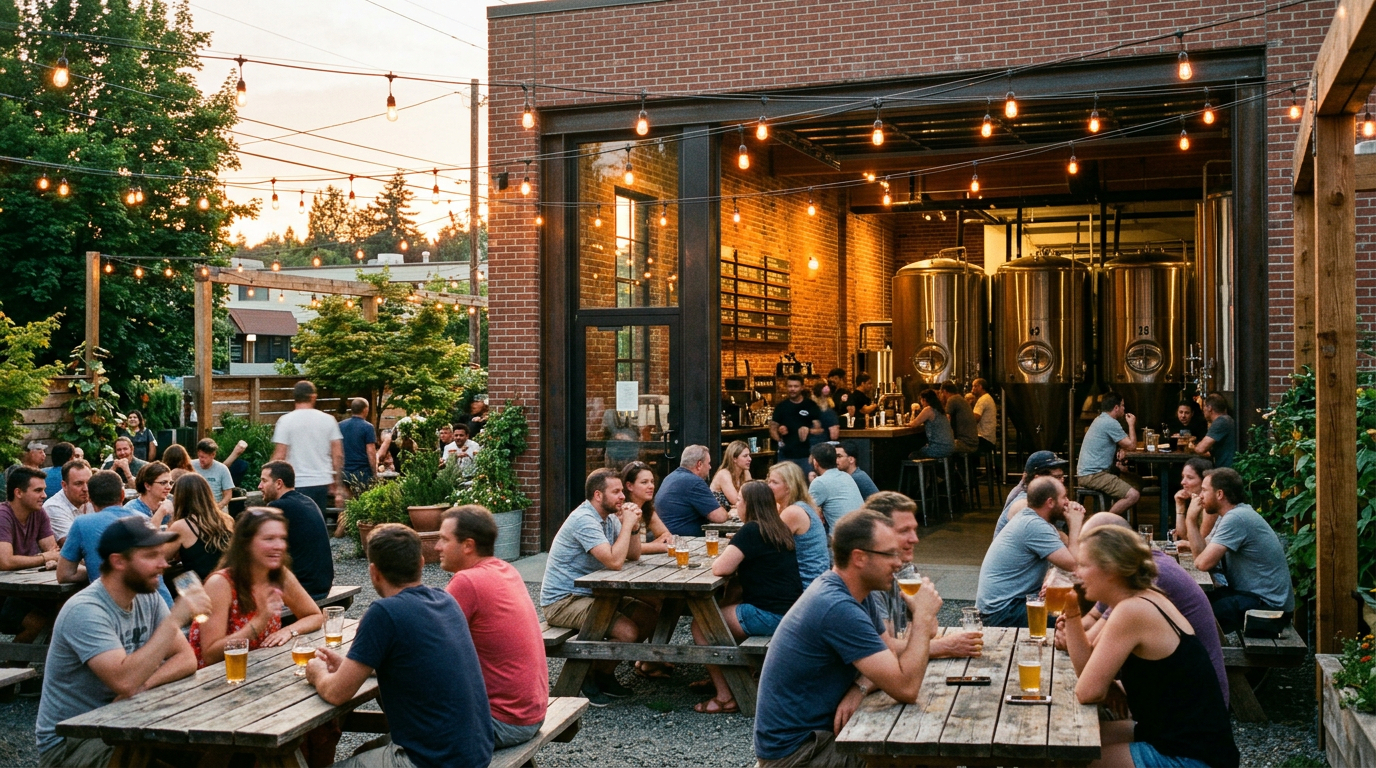 A lively Bellingham brewery taproom and beer garden on a summer evening