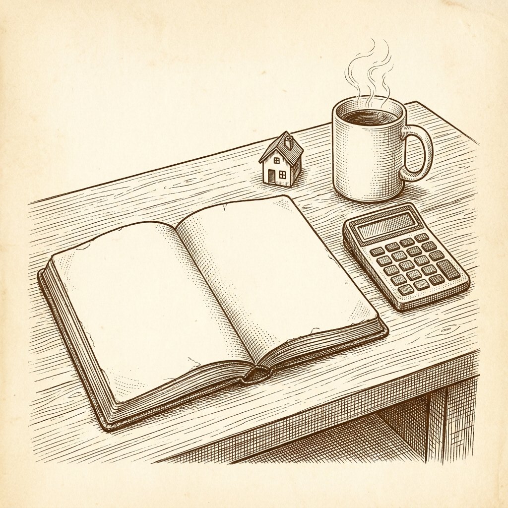 Engraved illustration of a desk with a notebook, calculator and coffee