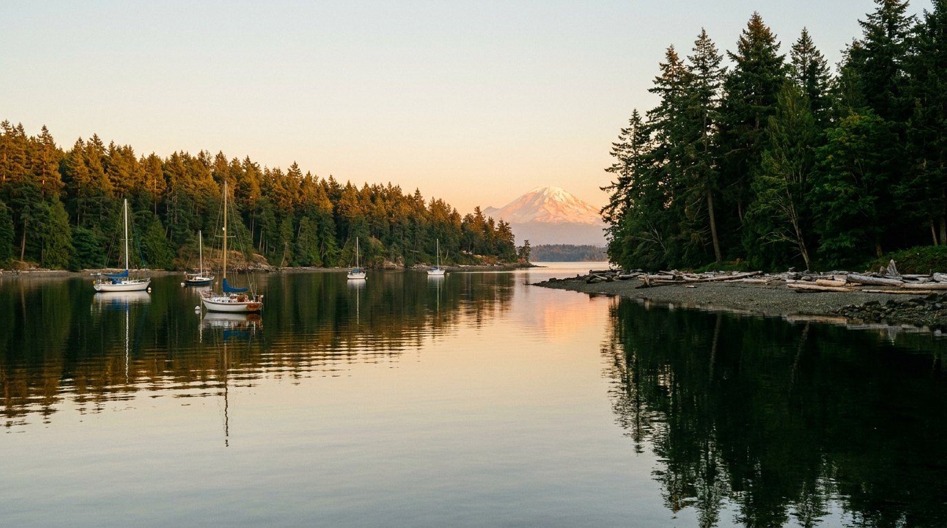 Bellingham Bay at golden hour with sailboats and a distant snow-capped peak