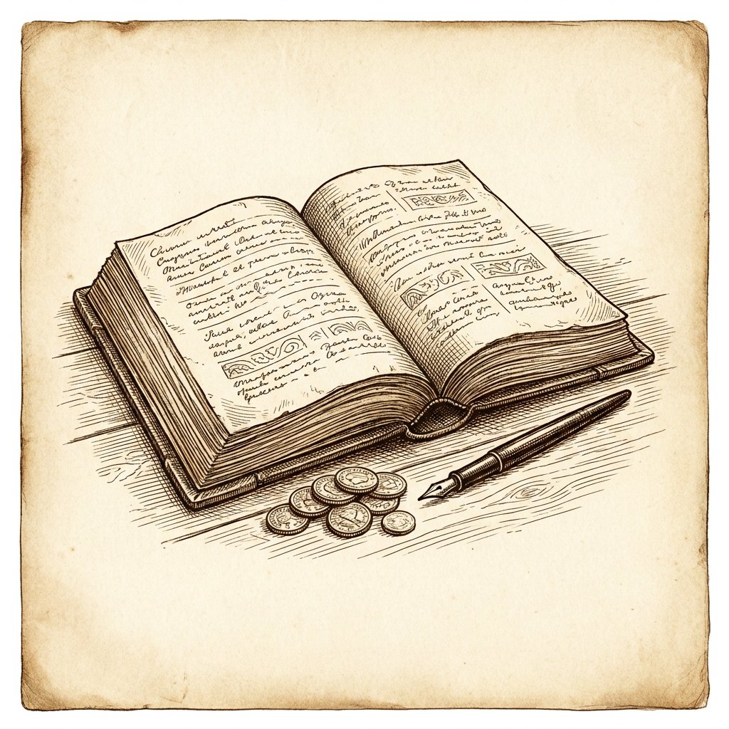 Engraved illustration of a ledger, coins and a fountain pen