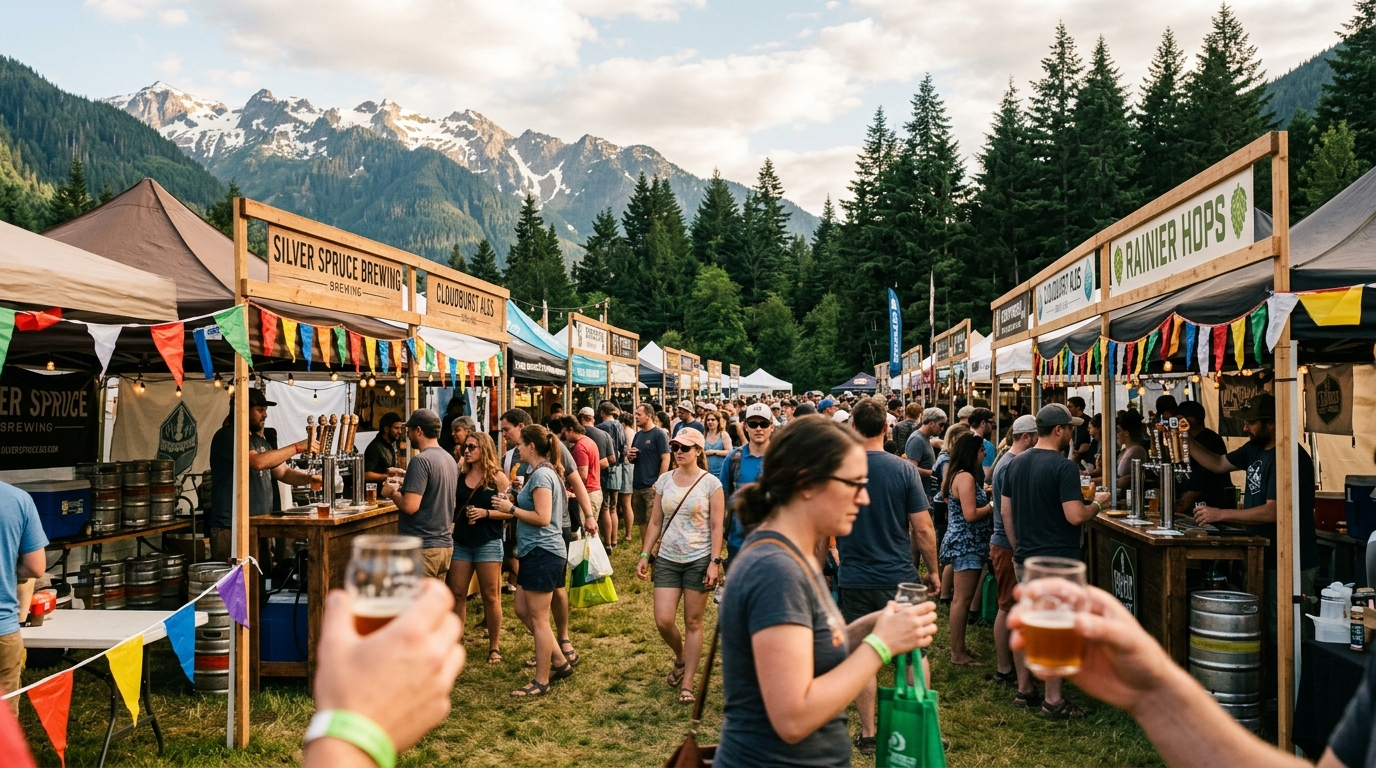 An outdoor Pacific Northwest craft beer festival with brewery tents and mountains