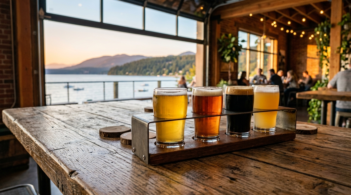 A craft beer flight on a taproom table with Bellingham Bay and forested hills behind