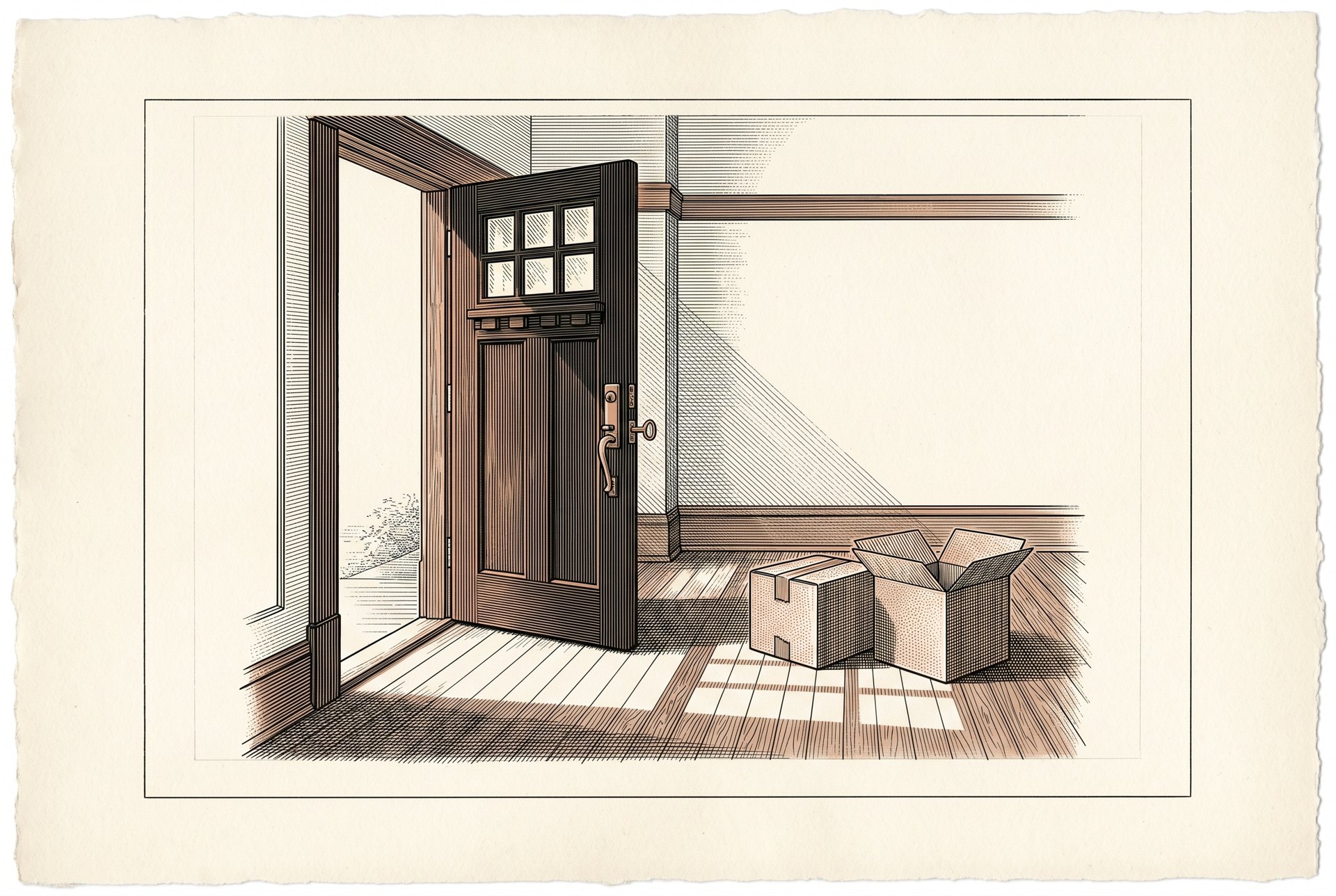 Engraved open front door with a key in the lock and moving boxes inside