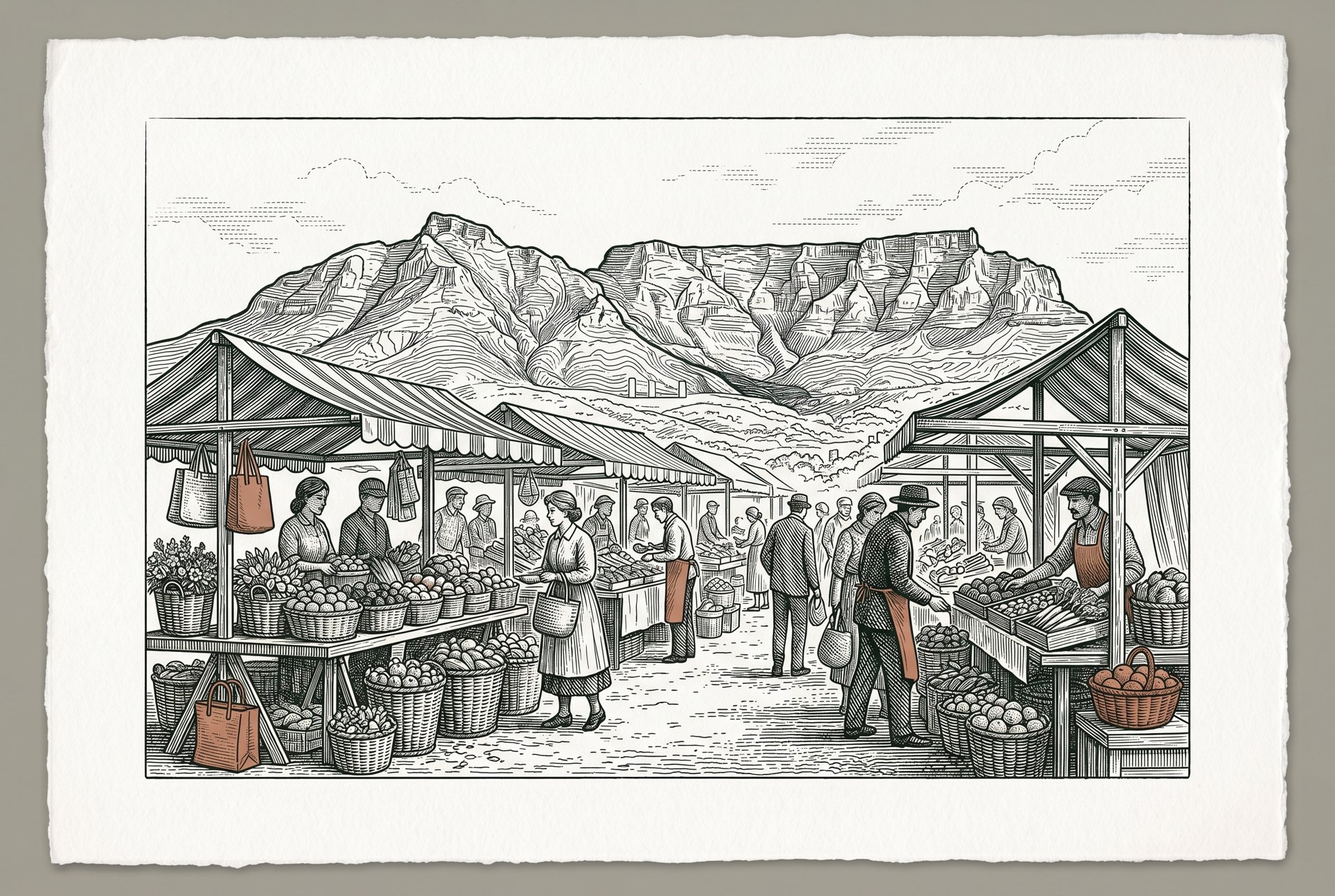 Engraved Bellingham farmers market morning scene