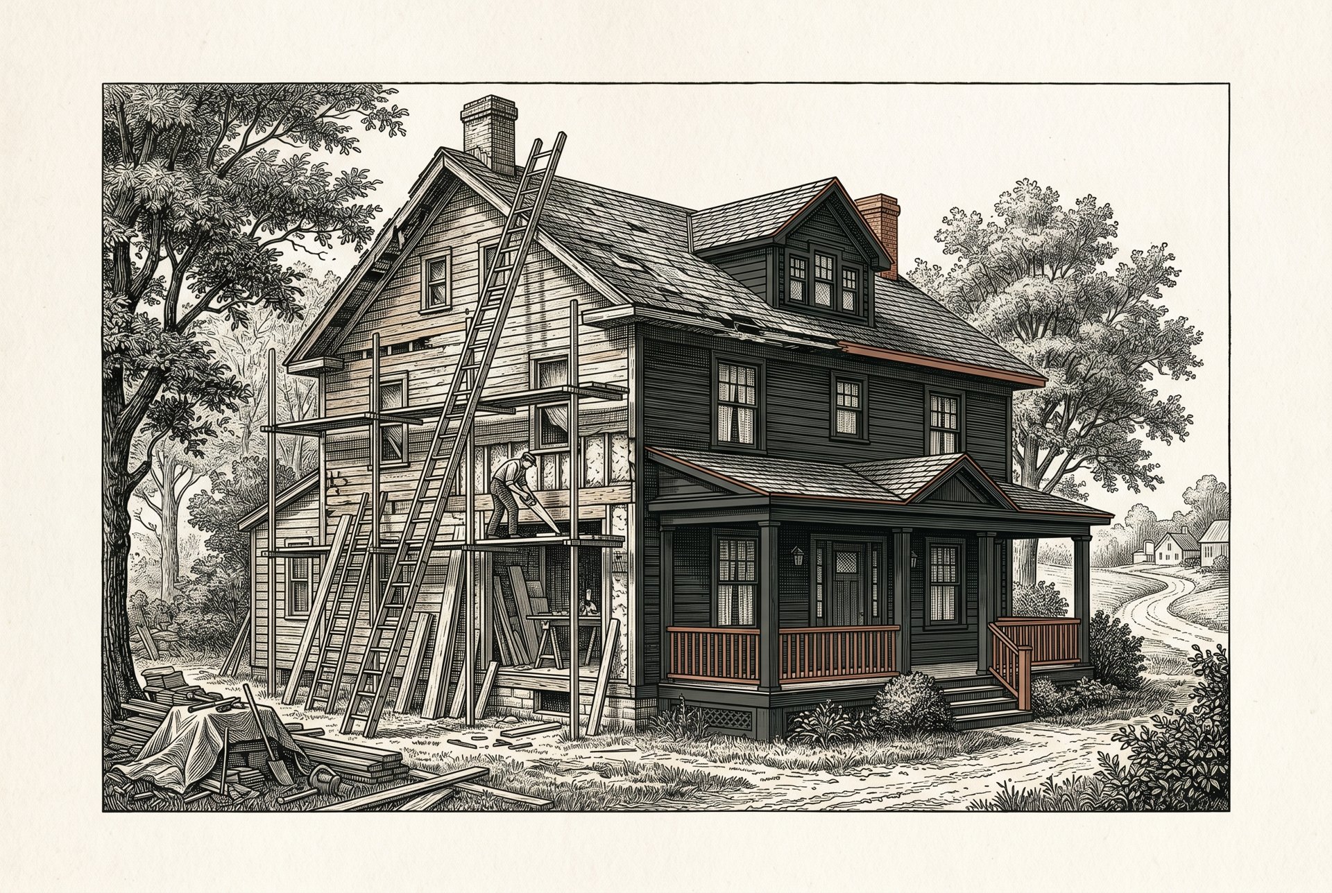 Engraved craftsman house half renovated with scaffolding and fresh paint