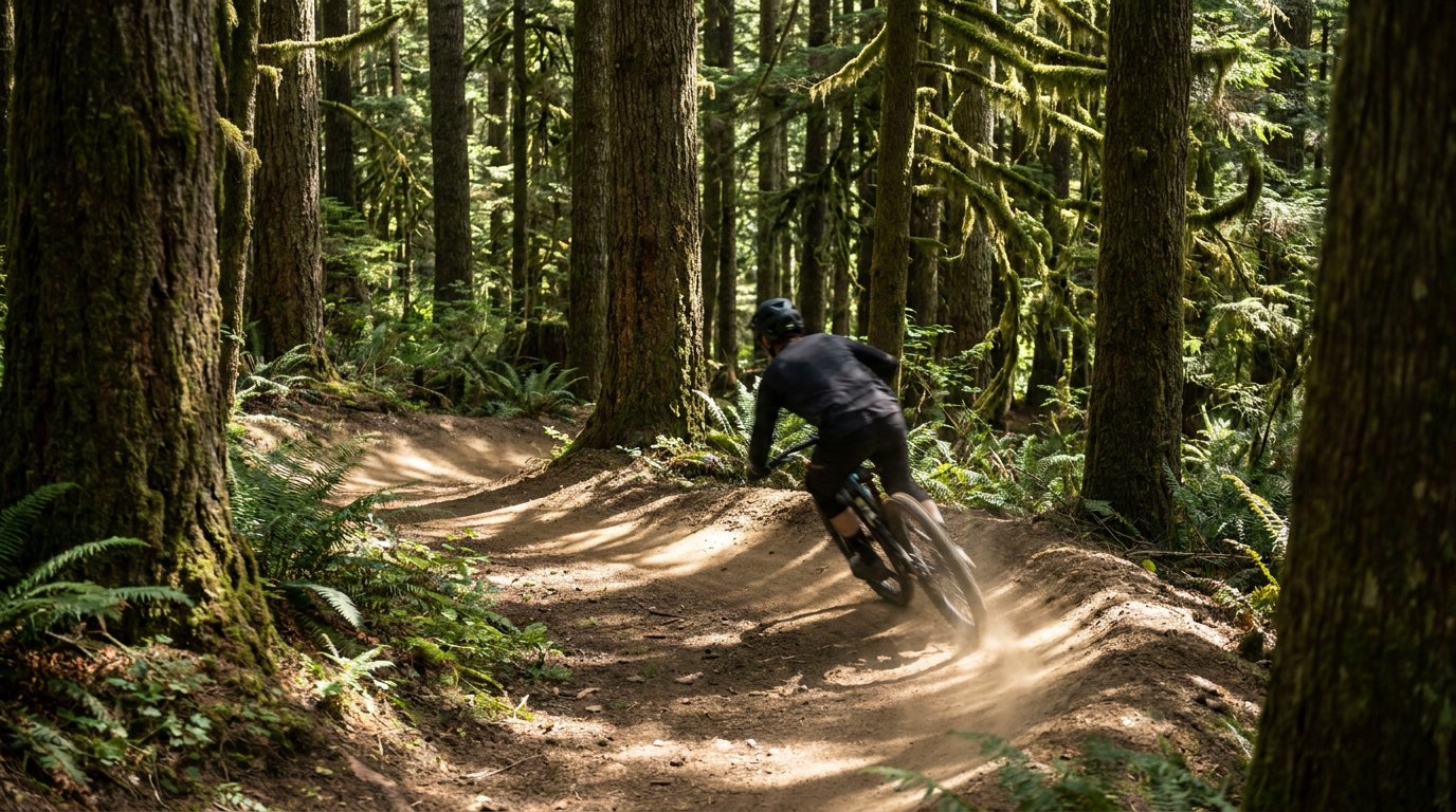 A mountain biker on a forested singletrack trail near Bellingham, Washington