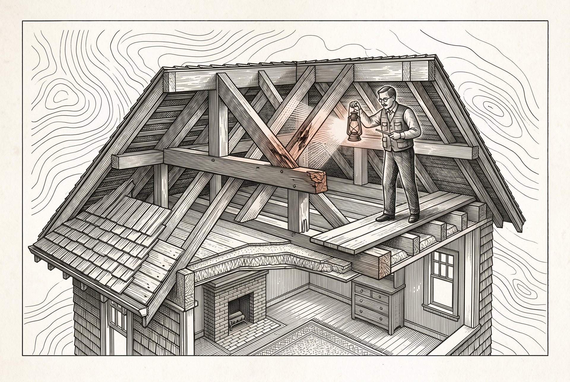 Engraved illustration of a home inspector examining craftsman roof framing in Bellingham