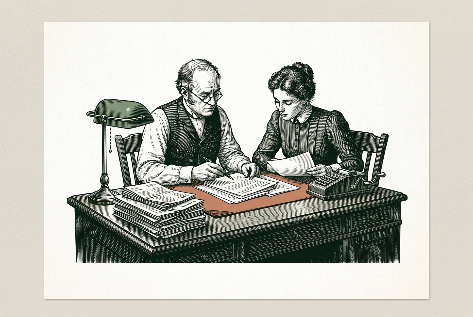 Engraved scene of a lender reviewing loan papers and tax returns with a buyer