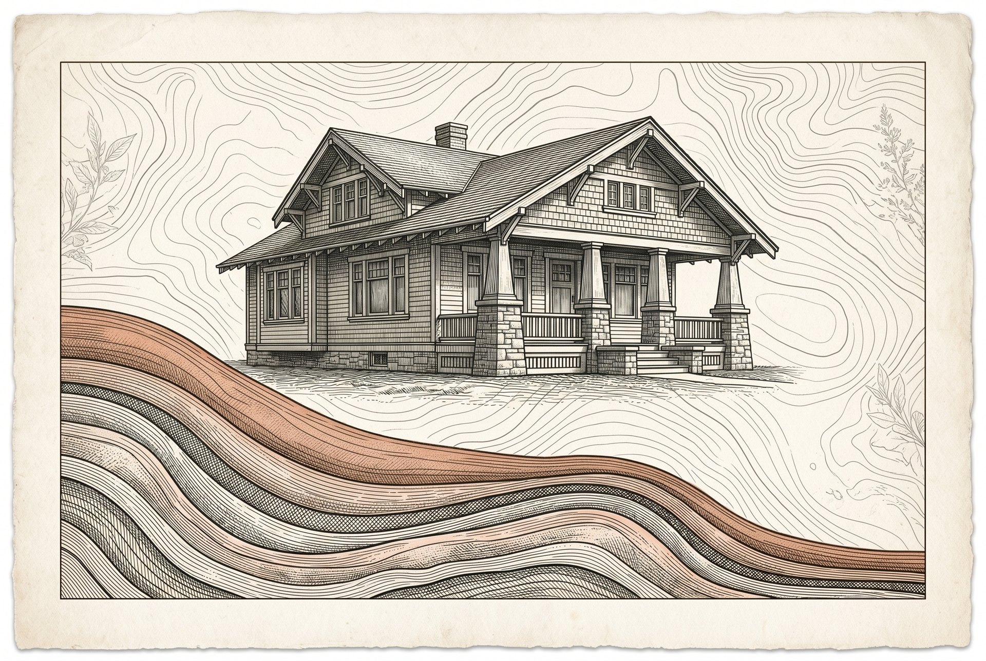 Engraved craftsman house elevation over an amortization curve for the Bellingham mortgage calculator