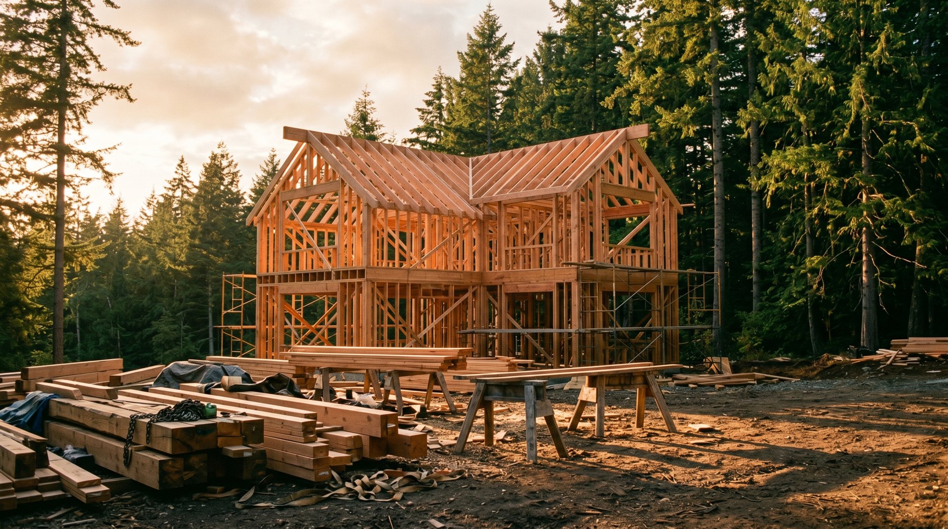 Timber framing of a new home under construction at golden hour among evergreens