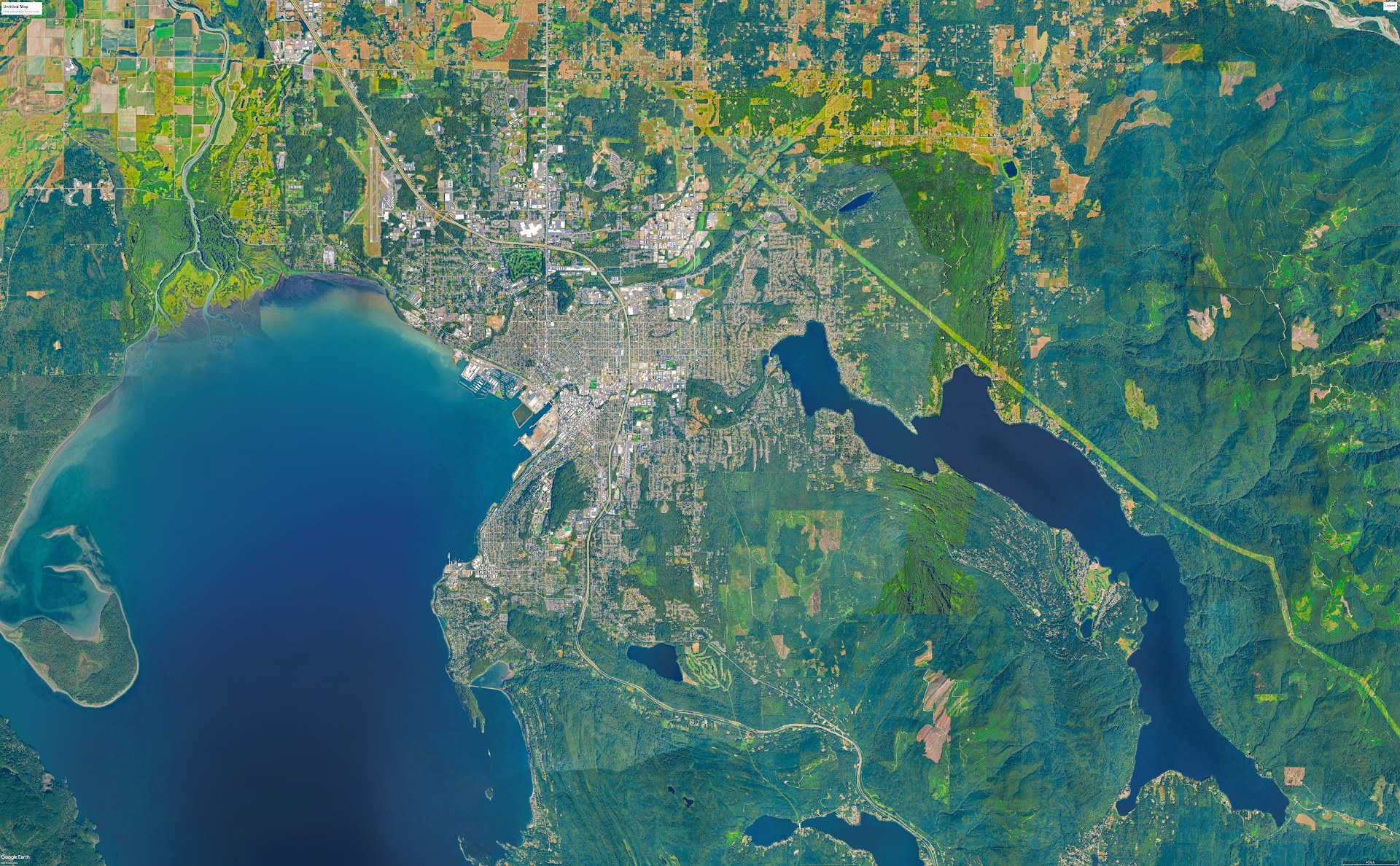 Aerial map of Bellingham, Bellingham Bay, Lake Whatcom and the farmland north toward Ferndale and Lynden
