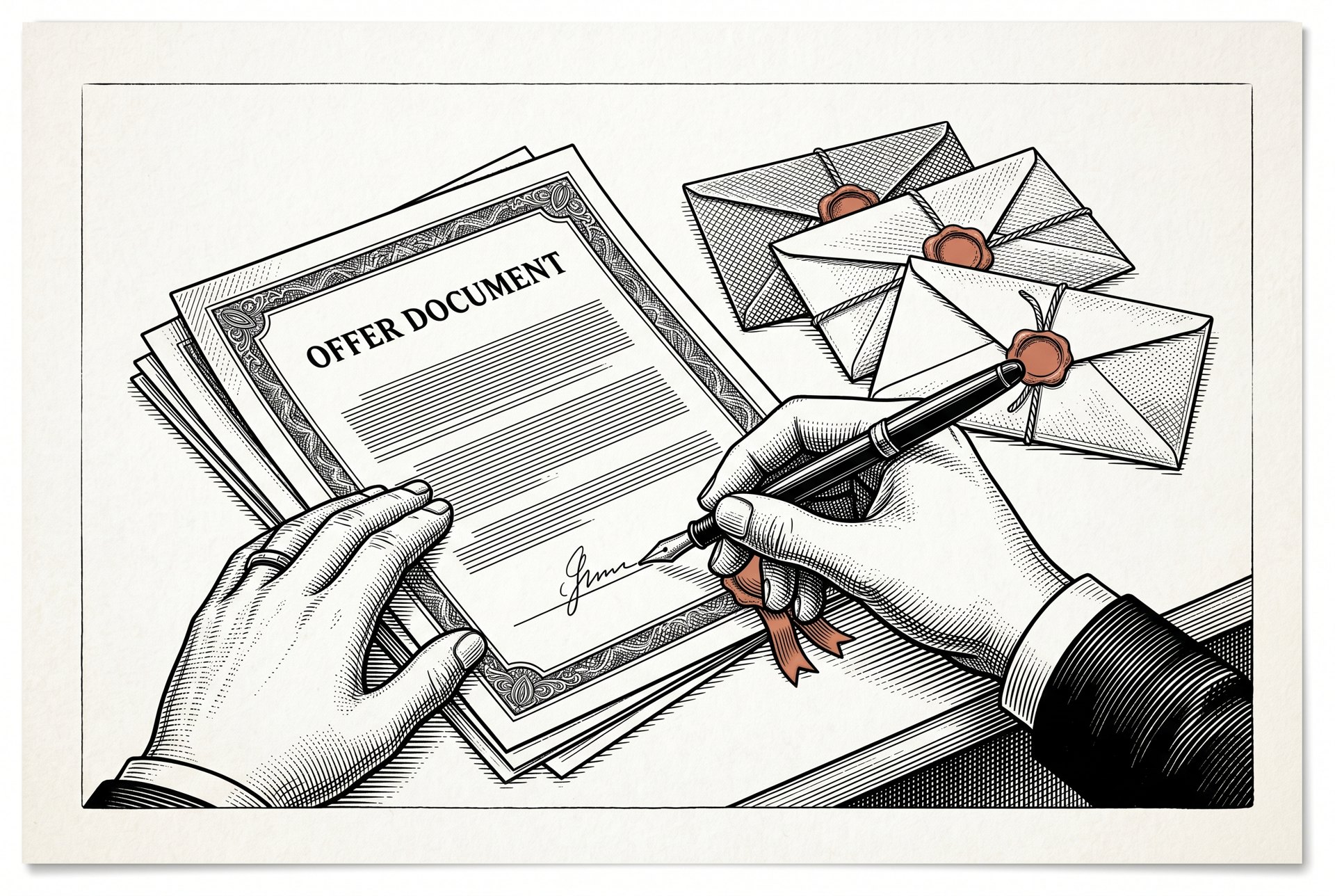 Engraved hand signing a home offer with competing envelopes beside it
