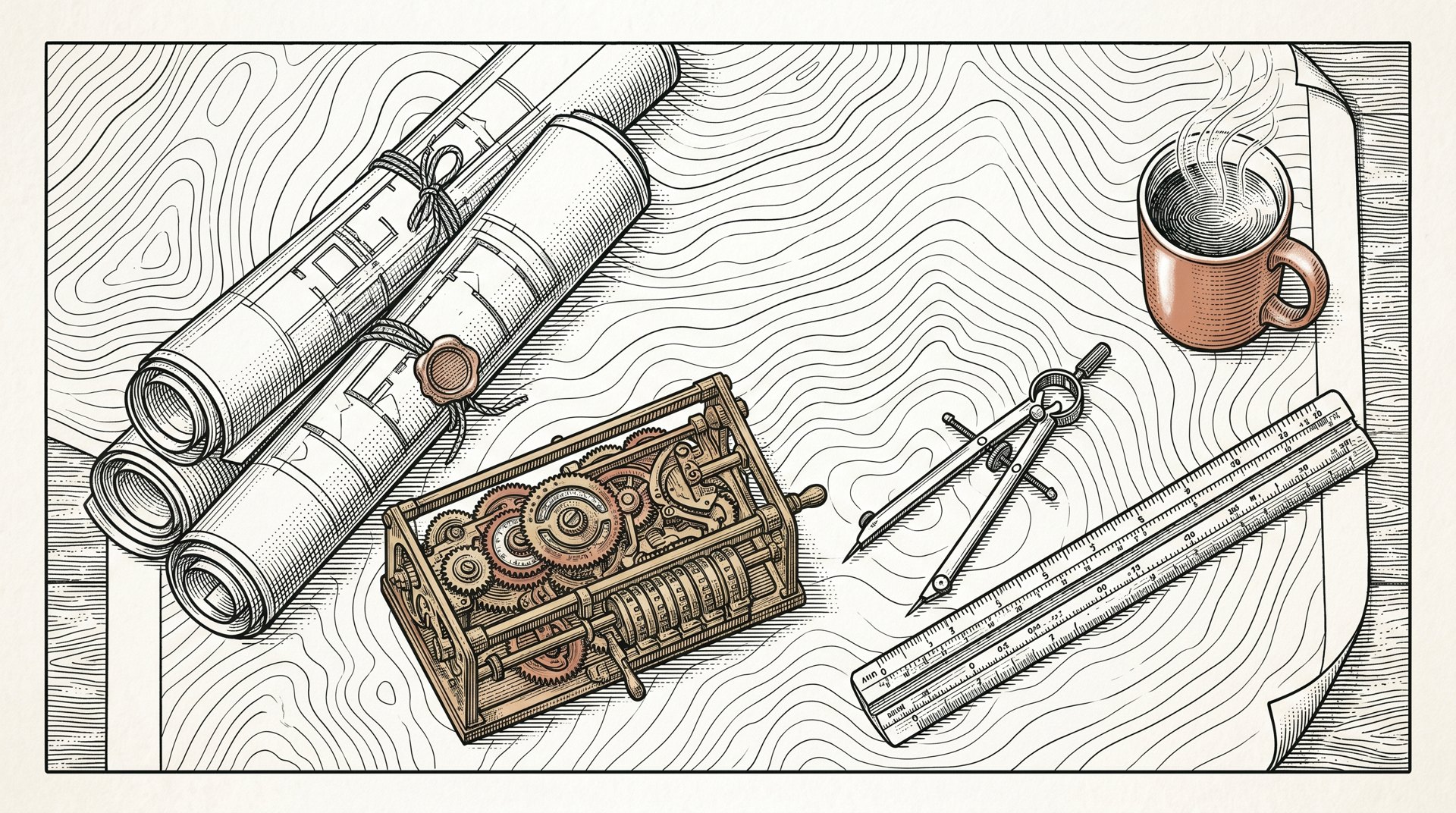 Engraved drafting-table flat lay of house plans and brass instruments for Bellingham real estate tools
