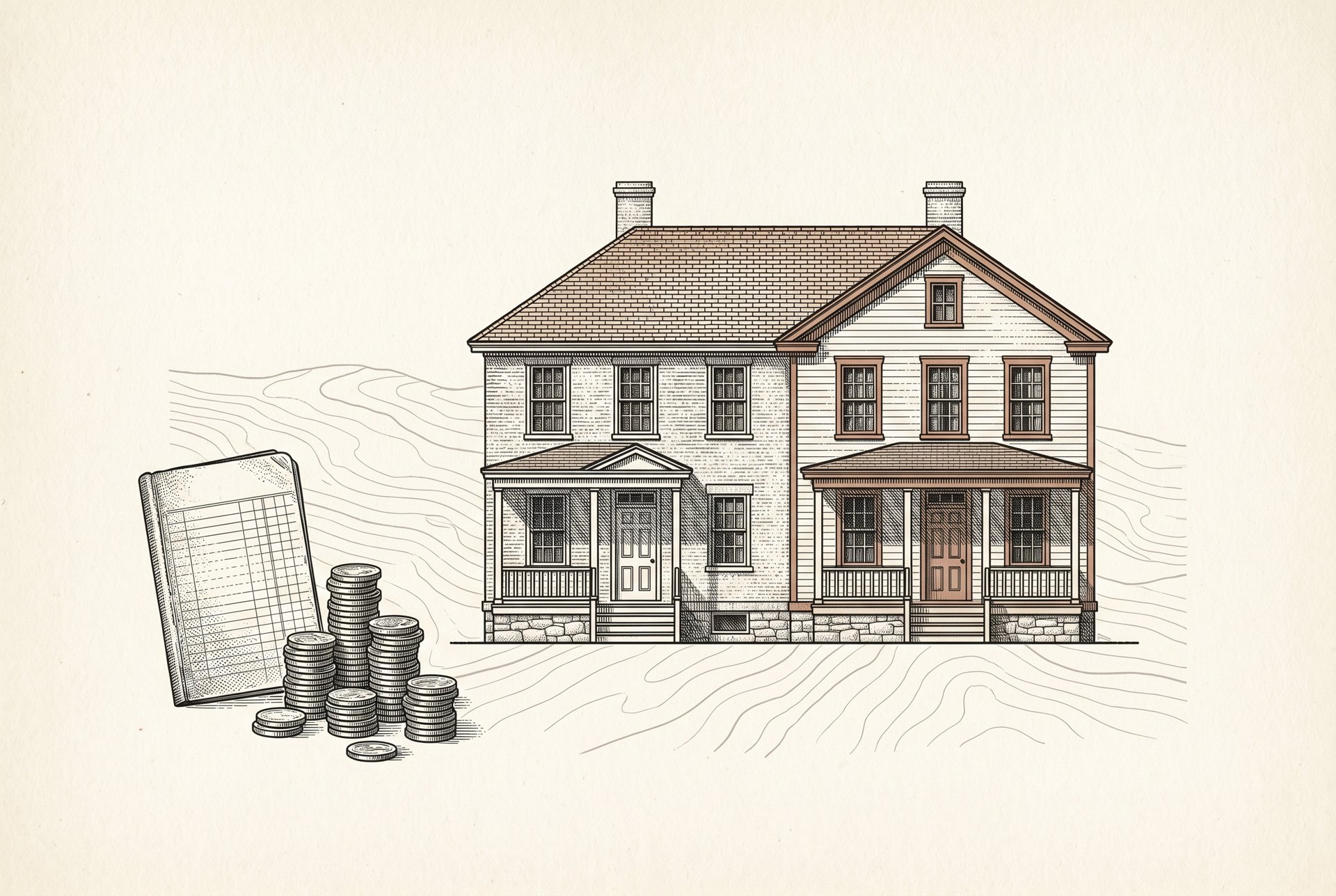 Engraved duplex elevation with rent ledger and coin stacks for the Bellingham rental property calculator