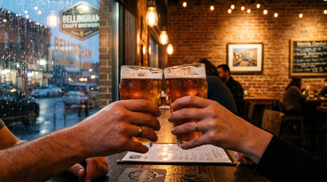 Two pint glasses of amber craft beer clinking in a cozy Bellingham taproom