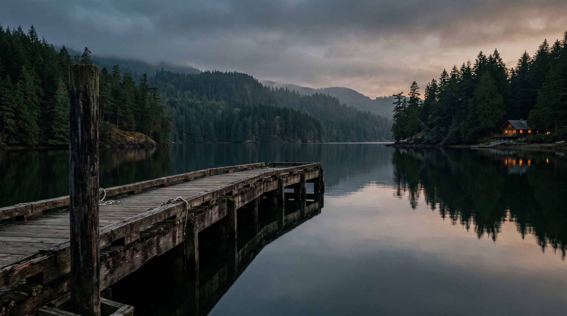 Wooden dock at dusk on calm Pacific Northwest water with a shoreline home's lights