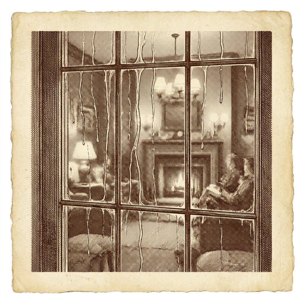Vintage sepia view through a rain-streaked window of a cozy fireside room