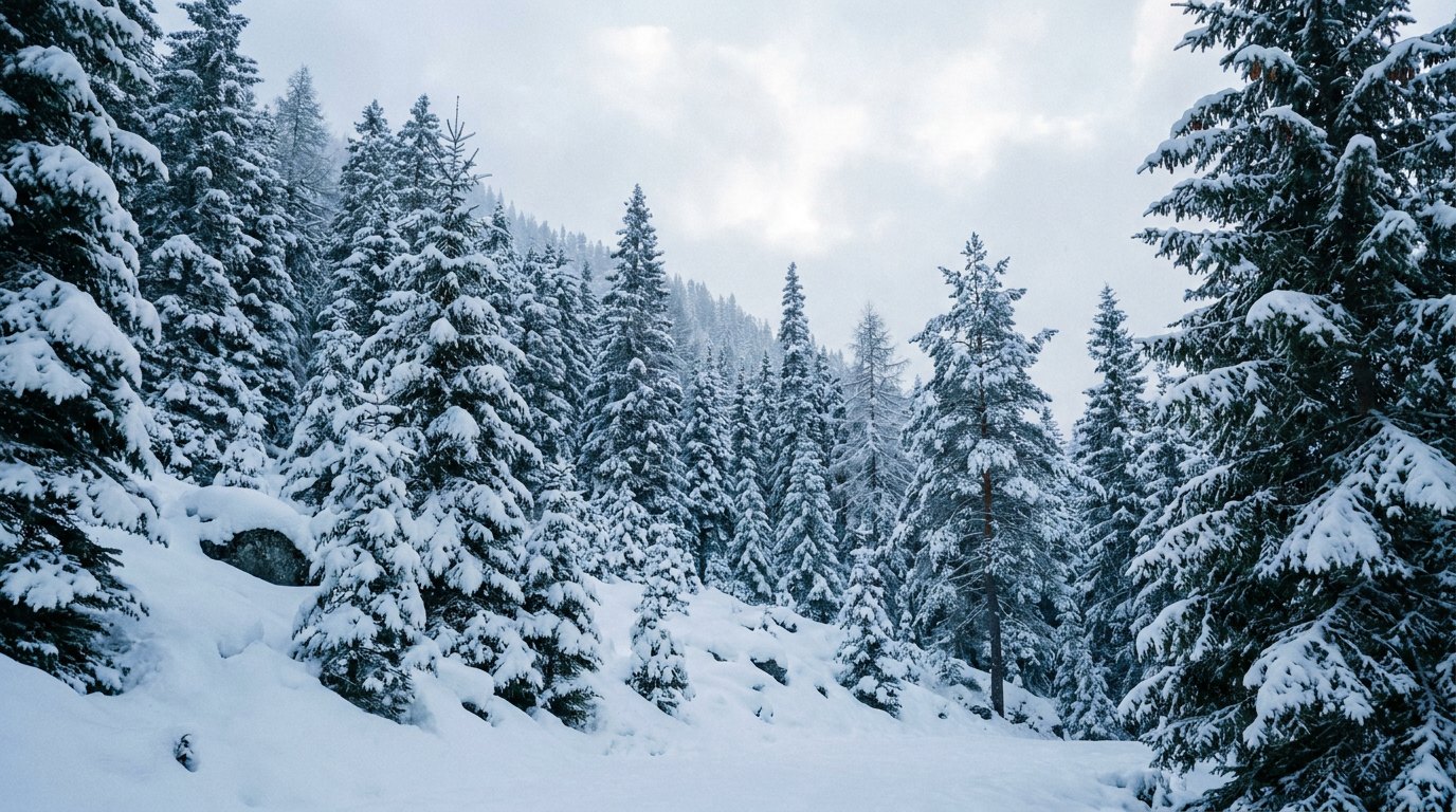 Deep snow on an evergreen forest in the mountains near Bellingham, Washington