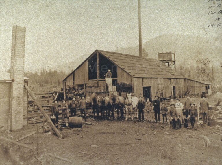 Group of men, boys, and women standing outside a small wooden lumber mill at Hopewell, Washington, 1906