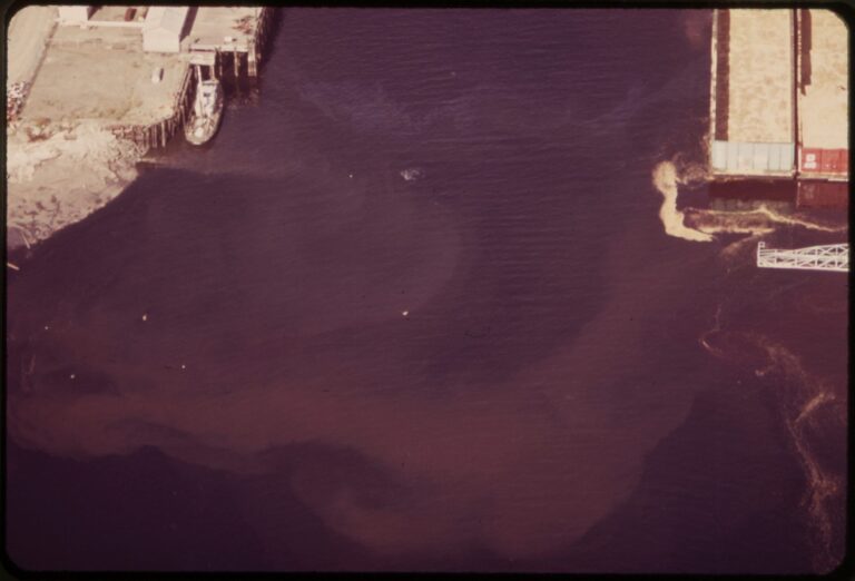1973 color photograph of Bellingham Bay water discolored by waste from the Georgia-Pacific pulp mill