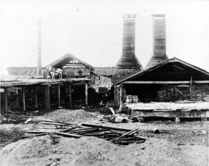 An early brickmaking yard with stacked bricks and wooden kiln sheds in Bellingham around 1905