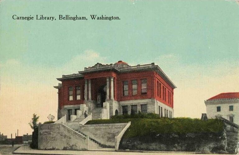 Vintage postcard of the Bellingham Carnegie Public Library, a classical columned building