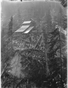 Wooden gold-mine and mill buildings on a forested hillside, 1902