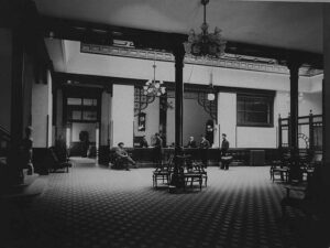 The ornate interior lobby of the Fairhaven Hotel in 1890