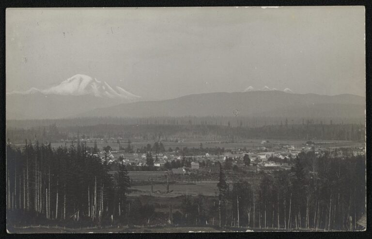 Black and white 1911 view of the small town of Ferndale, Washington with low wooden buildings