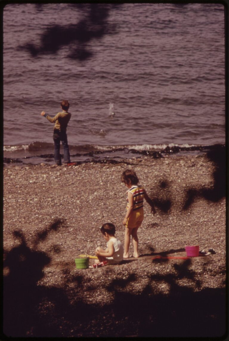 1973 color photograph of the driftwood-strewn saltwater beach at Larrabee State Park near Bellingham