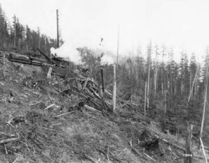Tall steel spar skidder cabling large logs in a cleared logging site