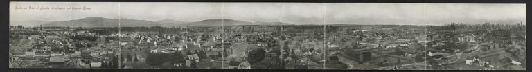 1910 bird's-eye postcard view of Lynden, Washington with the Cascade Range behind