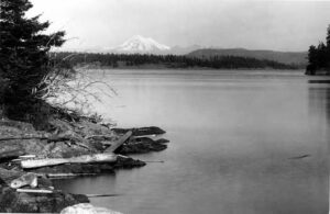 View of Mount Baker rising above Griffin Bay seen from San Juan Island around 1915