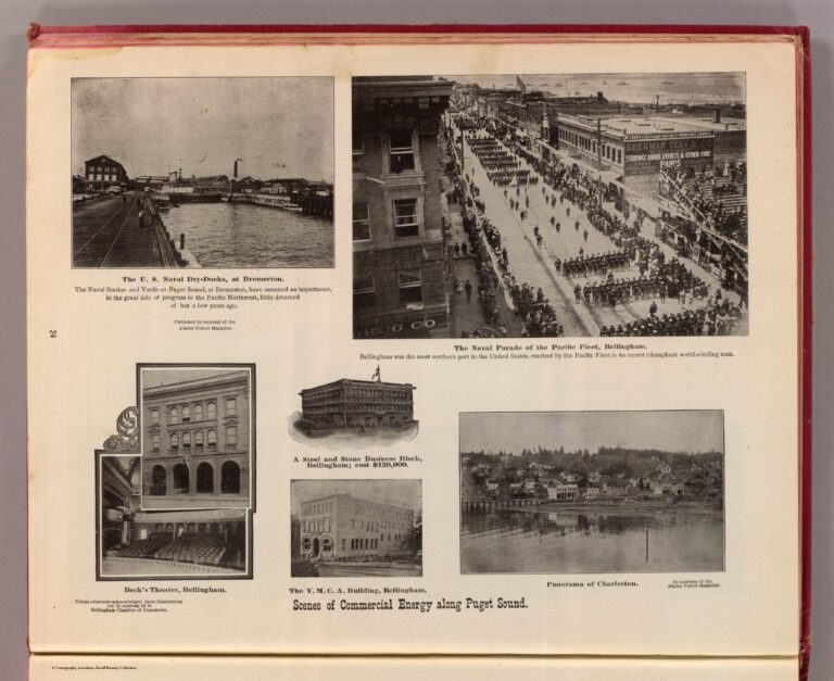 1909 halftone photographs of a naval parade marching through downtown Bellingham alongside Beck's Theater and the YMCA building