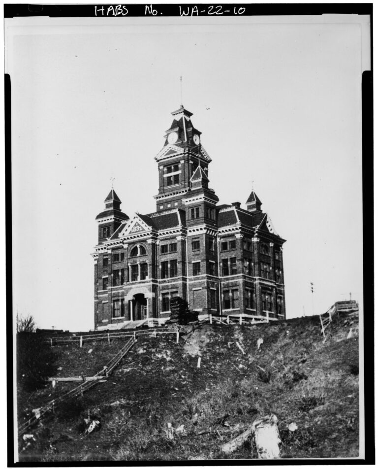 Around 1893 photo of the Victorian New Whatcom City Hall with its clock tower, newly built
