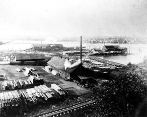 Circa 1895 photo of a waterfront sawmill at New Whatcom on Bellingham Bay
