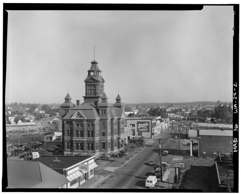 HABS photograph of the old New Whatcom City Hall and clock tower from the southeast