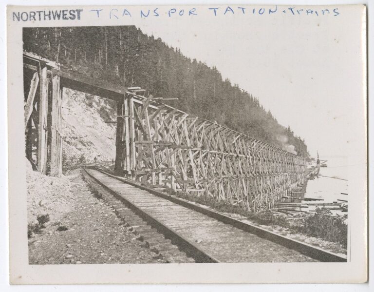 A long wooden railway trestle crossing over railroad tracks near a wooded shoreline