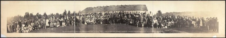 Panoramic photograph of Puget Sound tribes gathered at Tulalip for Treaty Day, 1914