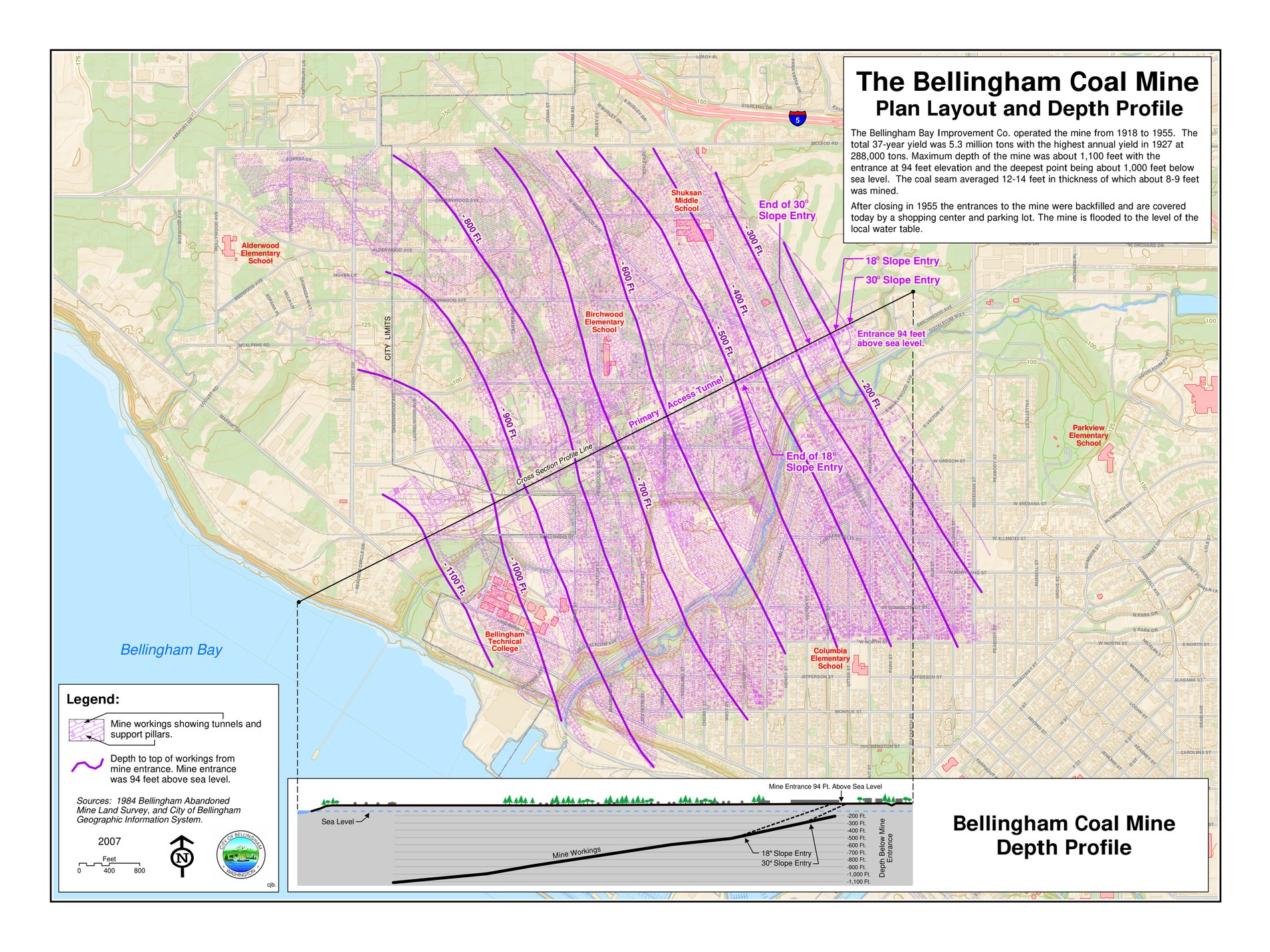 The City of Bellingham's official coal-mine map showing the tunnels beneath Birchwood
