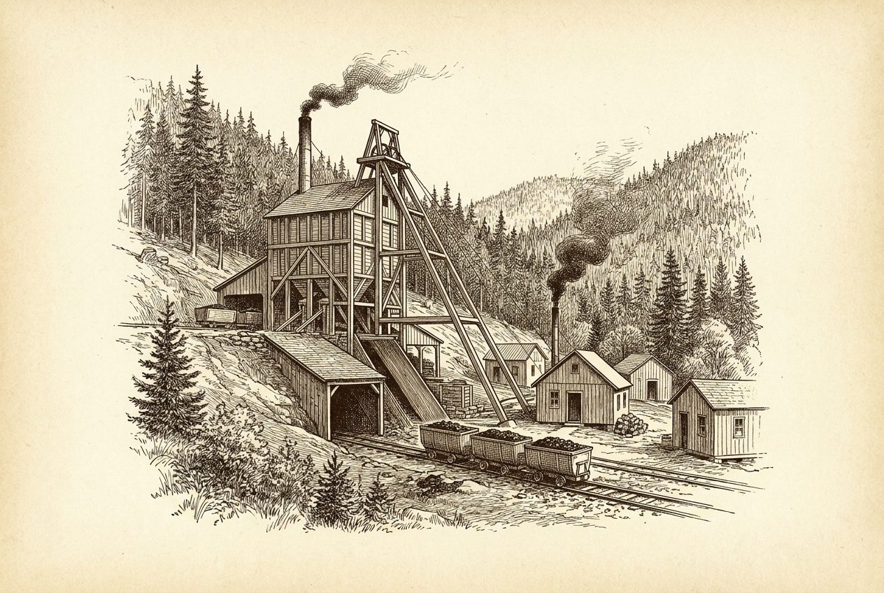 Engraving of an early Pacific Northwest coal mine with a wooden tipple