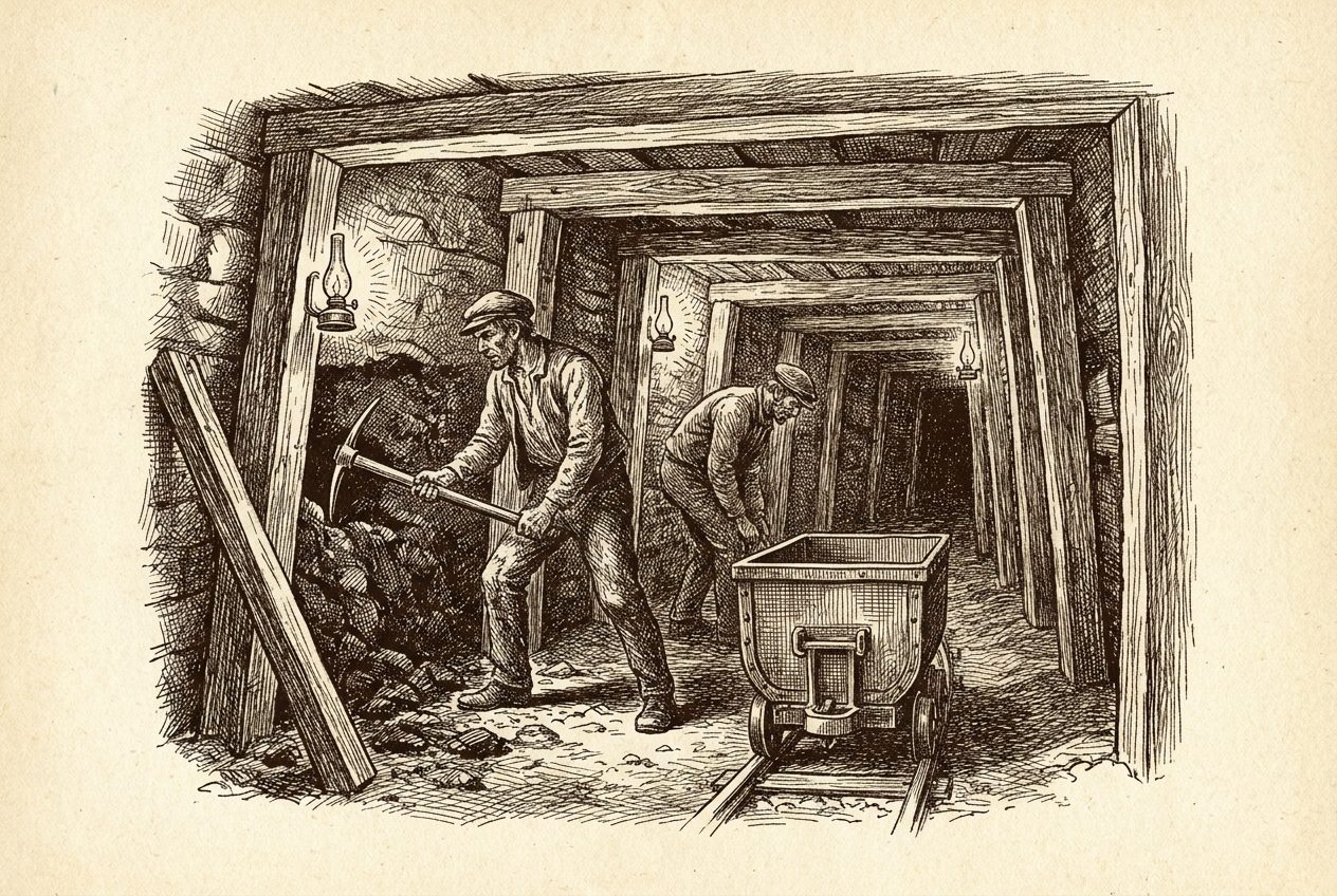 Engraving of coal miners working a seam underground by lamplight