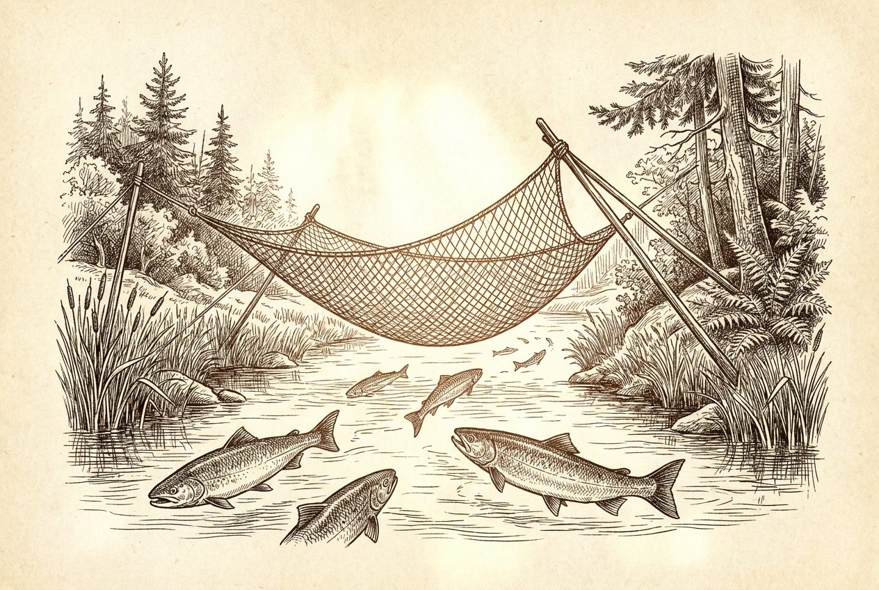 Engraving of salmon beneath a fishing net on a river