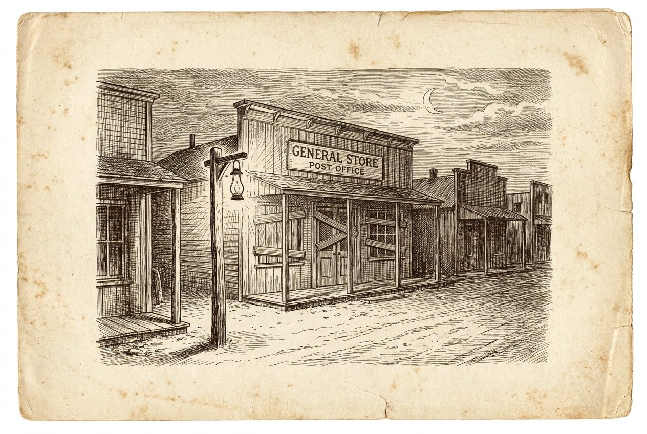 Engraving of a shuttered storefront on a deserted dusk street