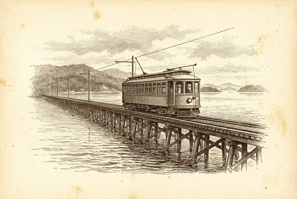Engraving of an interurban trolley crossing a long over-water trestle